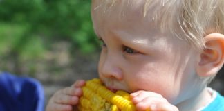 chłopak je kukurydzę